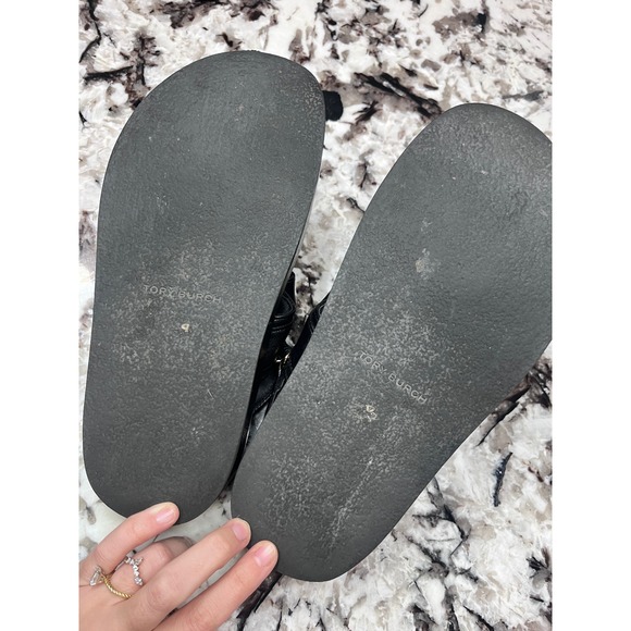 Tory Burch Black Leather Platform Sporty Sandals Gold Logo Women's Size 7 - Picture 7 of 8